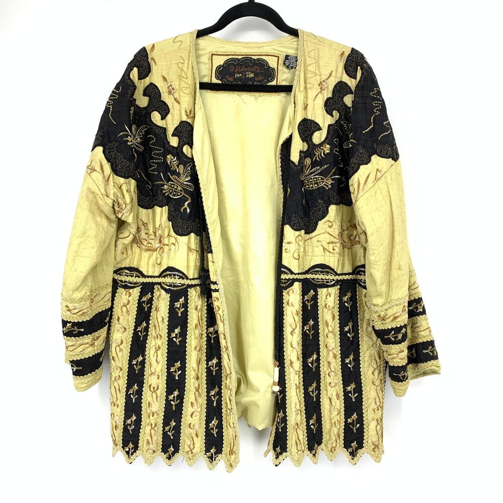 VTG JA Resorts Embroidered Jacket Womens S Boho Open Front Floral Black Gold